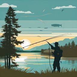 Fishing with Fly Rod and Reel Clipart - Anglers fly fishing with a rod and reel.  color vector clipart, minimal style