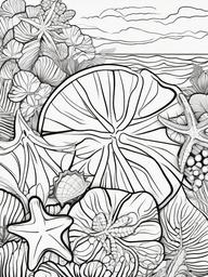 Shells, starfish, and sand dollars on the shore  simple coloring pages