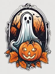 Ghost Holding Pumpkin Tattoo-Whimsical charm, celebration of Halloween and the supernatural.  simple vector color tattoo