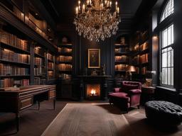 Gothic-inspired library with dark wood bookshelves and vintage lighting.  