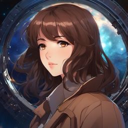 Front facing face, girl with brown hair, sharp eyes in a hidden observatory unlocking cosmic secrets.  close shot of face, face front facing, profile picture pfp, anime style