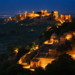 chittorgarh, india - create a night scene of chittorgarh's majestic fort, beautifully lit, overlooking the city below. 