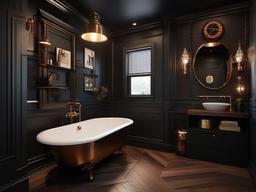 Steampunk small bathroom features vintage-inspired fixtures, dark colors, and creative decor that create a unique and imaginative space.  