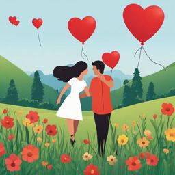 Couple with Heart Balloons in a Meadow Emoji Sticker - Frolicking in love's meadow, , sticker vector art, minimalist design