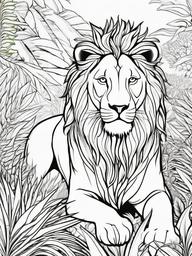 Lion Coloring Pages - Lion with a background of exotic plants  simple coloring pages