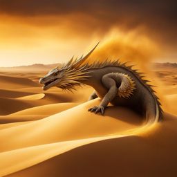 sand dragon burrowing beneath the shifting sands of a vast desert, emerging with a shower of golden grains. 