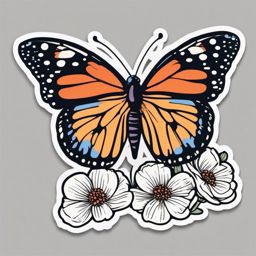 Butterfly and Blossoms Sticker - Butterfly fluttering near blooming flowers, ,vector color sticker art,minimal