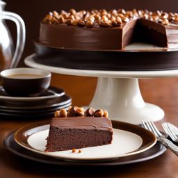 chocolate hazelnut torte with a hazelnut praline glaze, savored at a european café. 