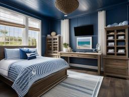 Nautical gamer room showcases blue and white accents, seashell decor, and weathered wood that evoke a breezy seaside atmosphere for gaming.  