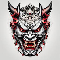 Oni and Hannya Mask Tattoo - Tattoo combining the powerful imagery of the Oni and Hannya masks.  simple color tattoo,white background,minimal