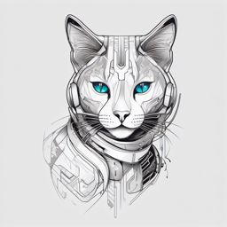 Futuristic cat with cybernetic elements, a fusion of technology and feline grace in a sleek and modern design.  colored tattoo style, minimalist, white background