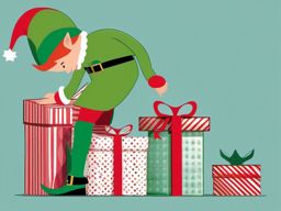 Christmas elf wrapping presents clipart  simple, 2d flat