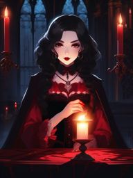 Adorable vampire character, in a Gothic mansion, savoring a goblet of crimson blood under the flickering candlelight.  front facing ,centered portrait shot, cute anime color style, pfp, full face visible