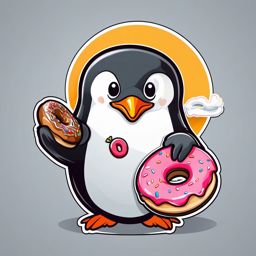 Penguin with Donut Sticker - A penguin delightfully enjoying a tasty donut. ,vector color sticker art,minimal