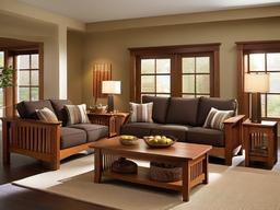 Mission living room showcases solid wood furniture, earthy tones, and a focus on simple craftsmanship for a warm, timeless look.  