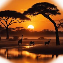 savannah sunset, capturing the golden hues and wildlife of the african savannah at dusk. 