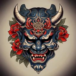 Oni Mask with Flowers Tattoo-Intricate and artistic tattoo featuring an Oni mask with flowers, capturing traditional and supernatural aesthetics.  simple color vector tattoo