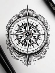 Compass Tattoo - A detailed compass tattoo guiding the way  few color tattoo design, simple line art, design clean white background