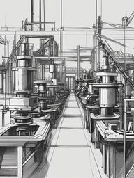 drawing of machines in an assembly line  minimal rough sketch scribbles,doodles,black and white