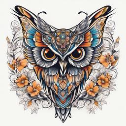 Butterfly Owl Tattoo - Combine the delicate beauty of butterflies with the charm of owls in a tattoo.  simple color tattoo,vector style,white background