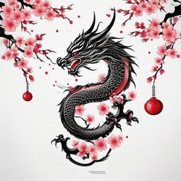 Japanese Dragon Tattoo with Cherry Blossom - Dragon with cherry blossoms in Japanese tattoo style.  simple color tattoo,white background,minimal