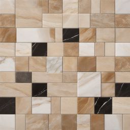 Travertine and marble patchwork tile pattern top view, product photoshoot realistic background, hyper detail, high resolution