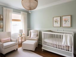 The nursery features vintage interior design with a classic crib, soft colors, and whimsical accents that create a serene and nurturing space for the baby.  