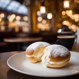 semla, swedish cream bun with almond paste, enjoyed at a snowy café in stockholm. 