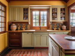 In the kitchen, Russian Revival interior design includes classic cabinetry, colorful tiles, and traditional Russian ceramics that enhance the culinary experience with cultural charm.  