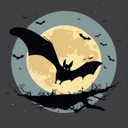 October clipart - spooky bat flying under a full moon  color,minimalist,vector clipart