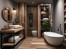 Modern Rustic small bathroom combines sleek fixtures with rustic wood accents and warm textiles for a stylish yet inviting space.  