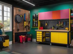 The garage features maximalist interior design with organized tools, colorful storage solutions, and engaging decor that make the space both functional and visually appealing.  