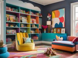 Candy Land library room features colorful bookshelves, playful seating, and whimsical wall art, creating a delightful space for reading and imagination.  