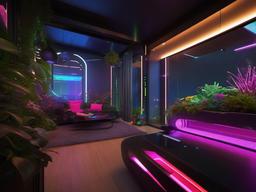 The garden room showcases cyberpunk interior design with futuristic furniture, high-tech gardening tools, and vibrant decor that brings a modern twist to indoor gardening.  