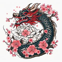 Japanese Dragon Tattoo with Cherry Blossom - Dragon with cherry blossoms in Japanese tattoo style.  simple color tattoo,white background,minimal