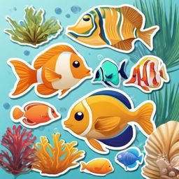 Tropical Fish and Seashell Emoji Sticker - Snorkeling among marine treasures, , sticker vector art, minimalist design