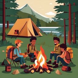 Camping in the Wilderness Campfire Clipart - Campers in the wilderness gathered around a campfire.  color vector clipart, minimal style