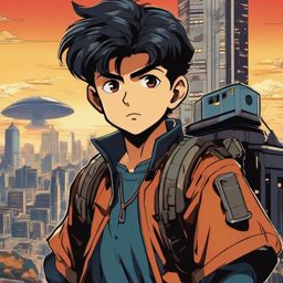 1990 Retro Anime Boy - Races against time to prevent a dystopian apocalypse.  clipart style