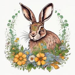 Irish hare with summer flowers  ,tattoo design, white background