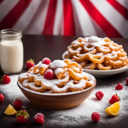 funnel cake, deep-fried dough topped with powdered sugar or fruit. 