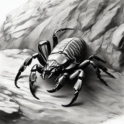 drawing of a scorpion under a rock  minimal rough sketch scribbles,doodles,black and white