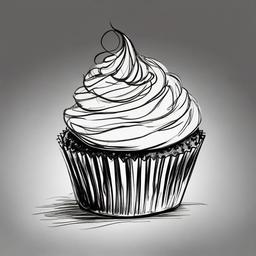 drawing of a cupcake with chocolate  minimal rough sketch scribbles,doodles,black and white