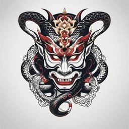 Hannya Mask with Snake - Features the iconic Hannya mask alongside a snake motif, symbolizing transformation and power.  simple color tattoo,white background,minimal