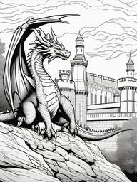 Ancient Castle Dragon Coloring Pages - Old Dragon Guarding a Historic Fortress  minimal black outline printable sheet, coloring page