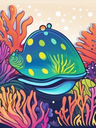 Rainbow Sea Slug Clip Art - A vibrant rainbow sea slug on a coral reef,  color vector clipart, minimal style