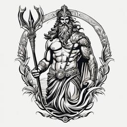 Poseidon Greek God Tattoo - Showcase the might of the sea with a Poseidon tattoo, featuring the powerful Greek god wielding his iconic trident.  simple color tattoo, white background