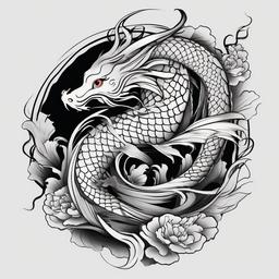 Koi Dragon Tattoo Black and Grey - Stylish black and grey tattoo combining a koi fish and dragon.  simple color tattoo,minimalist,white background