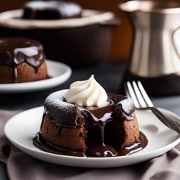 a decadent molten lava cake, oozing with a gooey, molten chocolate center. 