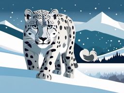 Snow Leopard Clip Art - Snow leopard in a snowy landscape,  color vector clipart, minimal style