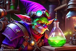 goblin alchemist artificer, crafting explosive gadgets and elixirs in the heat of battle. 